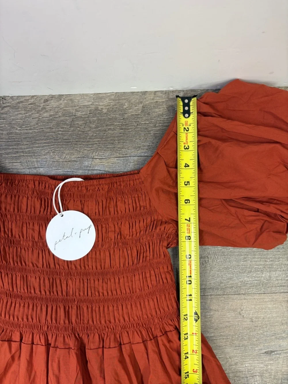 SOLD IN STORE Petal + Pup Smocked Puff Sleeve Midi Dress Rust Orange NWT Size US - Picture 12 of 13